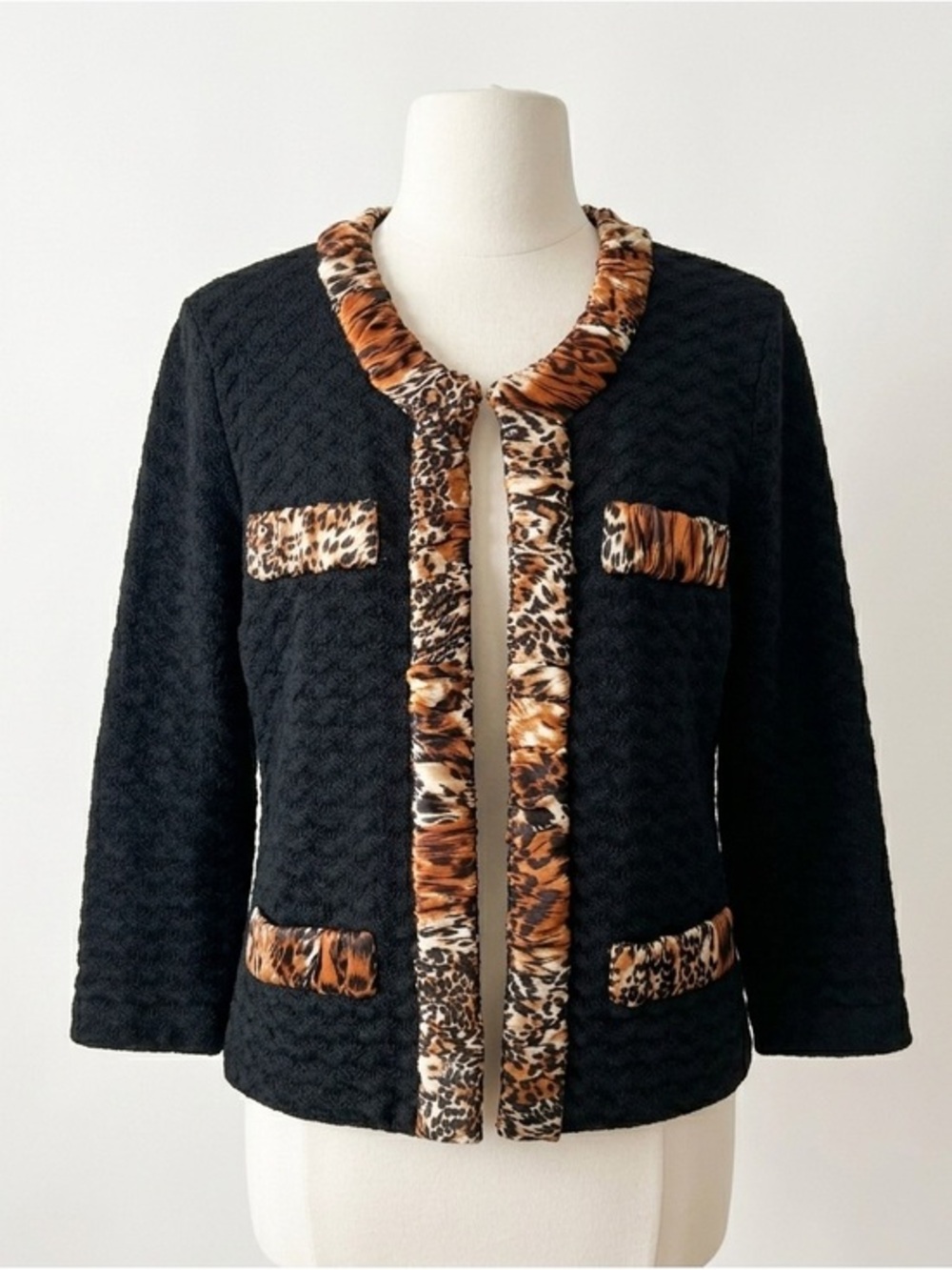 Michael Simon Black Textured Knit Jacket Animal Print Trim Y2K Mob Wives Size S